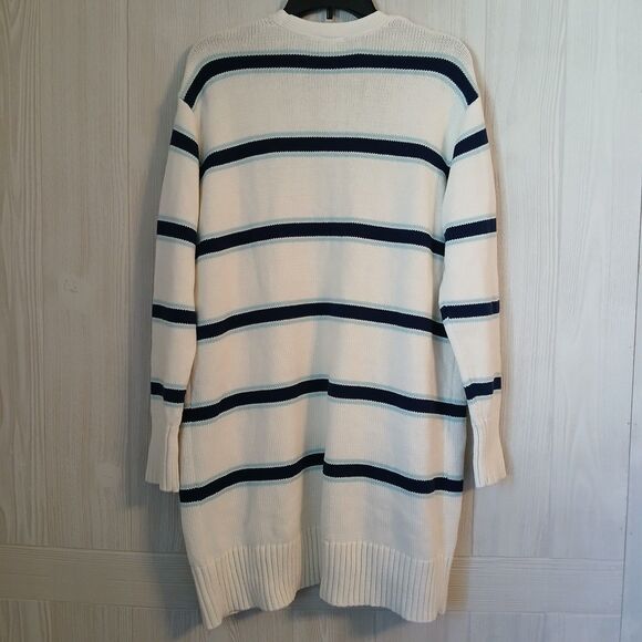 St. John's Bay Women's Size L Blue Striped Open Front White Cardigan Sweater - Picture 2 of 7